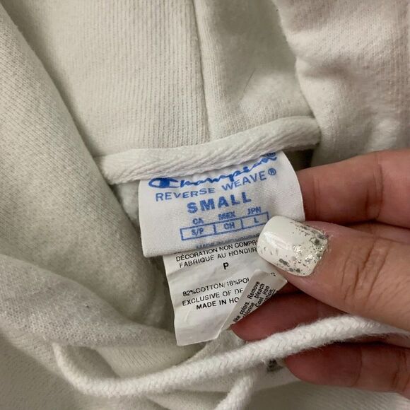 Vintage Champion Reverse Weave Hoodie S White Patch Pullover Kangaroo Pocket - Picture 6 of 6